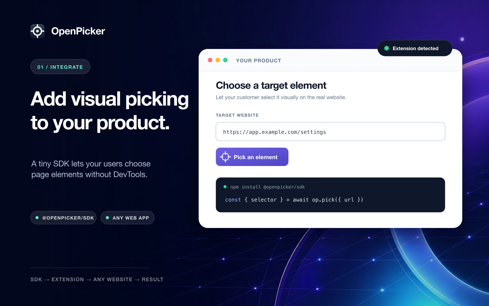 Add visual picking to your product — a tiny SDK lets your users choose page elements without DevTools